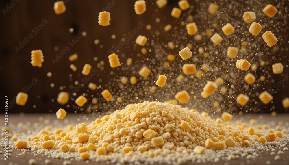 Poster exploding croutons high-resolution image of falling and piling croutons, perfect for food advertisin