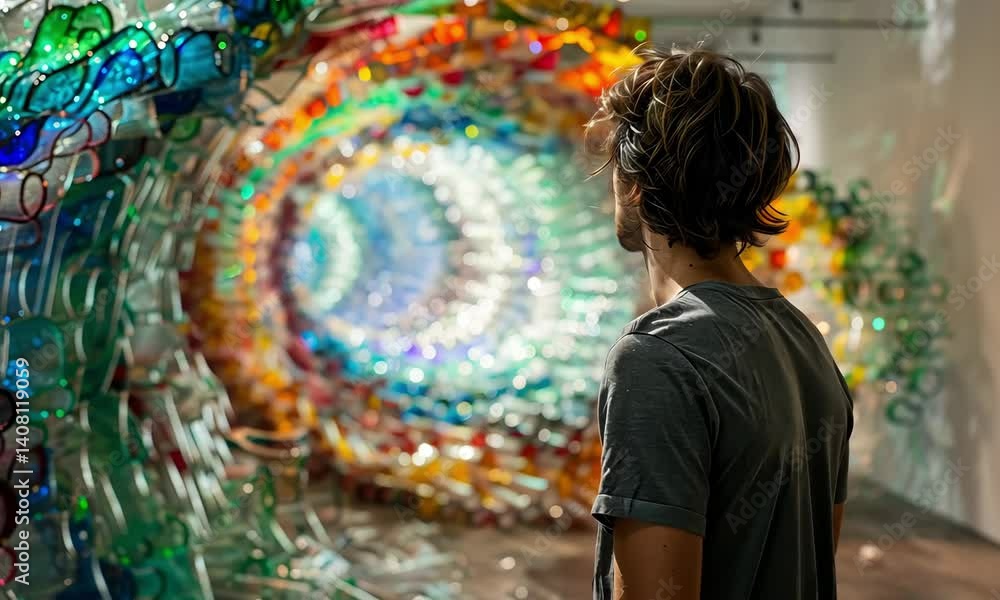Aufkleber exploring a vibrant art installation featuring recycled materials in a unique gallery space