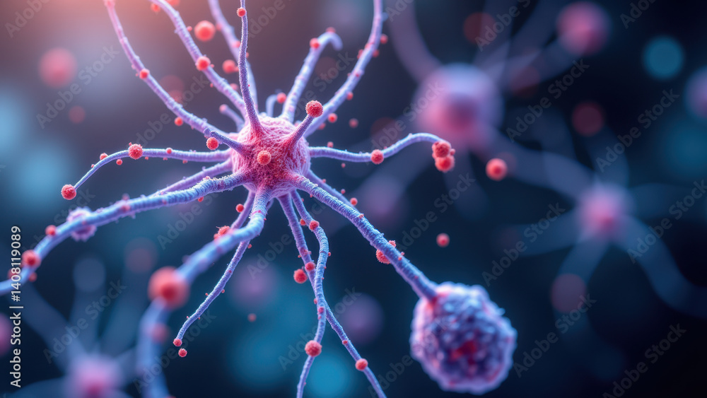 Poster a close-up view of a human cell with glp-1 receptors highlighted in purple, showing their intricate 