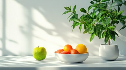 A clean, minimalist desk with a green plant and a bowl of fresh fruit, symbolizing wellness in daily life.