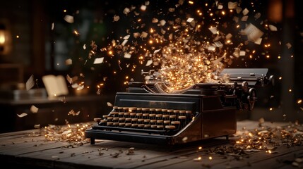 A vintage typewriter bursts with sparks, symbolizing creativity and the power of words, evoking inspiration and nostalgia in an imaginative setting filled with glowing fragments.