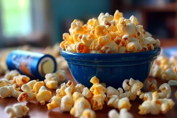 Popcorn overflowing from a blue bowl on a wooden table with scattered pieces and a snack container nearby