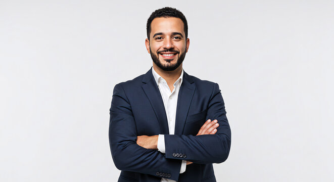 Confident businessman brazilian crossing arms, smiling, white backdrop.​
