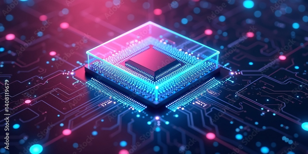 Poster futuristic cpu close-up with glowing core, powerful next gen cpu with glowing central core and data 