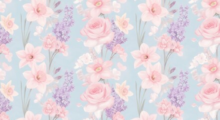 Pastel Floral Seamless Pattern: Delicate Roses & Spring Blooms AI Generated