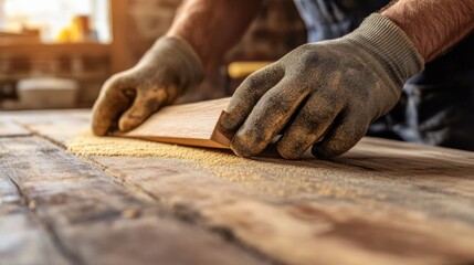 Carpenter sanding down a wooden surface in a workshop. Featuring craftsmanship and focus