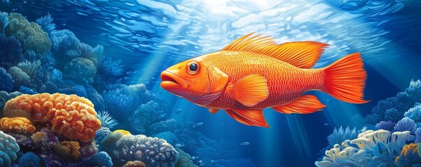 Naklejka premium Vibrant orange fish swim in an underwater scene illuminated by sunlight