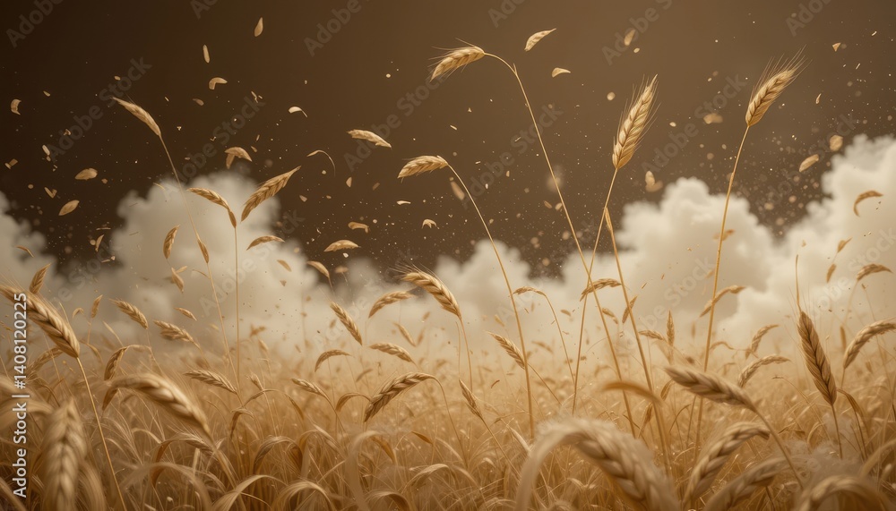 Poster golden wheat field exploding in a cloud of dust an ultra hd editorial image
