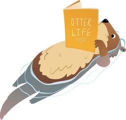 Cute Cartoon Baby Otter Reading a book while swimming in pond or lake. Otter reading or study book, animal character design for children. Vector animal illustration clip art for kids education.