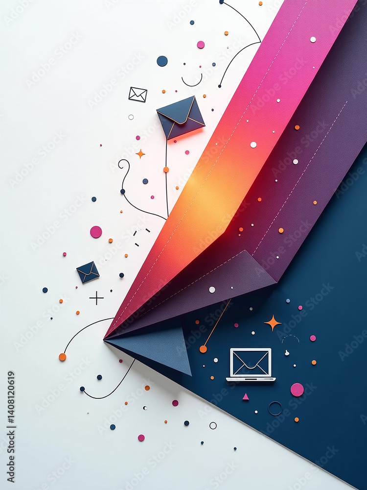 Poster A Business Office Setting Features An Abstract Geometric Design With A Bright Metallic Gradient And Elements Like Envelopes, Lines, And Symbols.