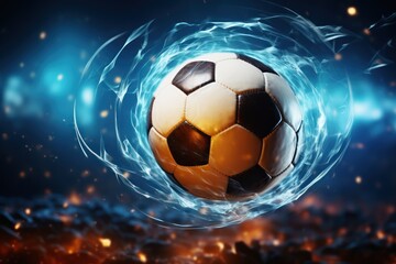 Naklejka premium Soccer ball in a net on a bokeh background. 3d illustration. Soccer ball in goal net on blue background. 3d illustration. Goal. Soccer Football Concept with copy space. Sport concept with copy space.
