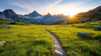 A breathtaking sunrise illuminating a mountain landscape over a winding pathway, highlighting the beauty of nature, inviting exploration and admiration by outdoor enthusiasts.