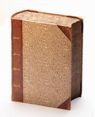 An antique book displayed against a neutral background, showcasing its rich wear and tear. The book's aged pages and cover highlight its historical significance and charm.