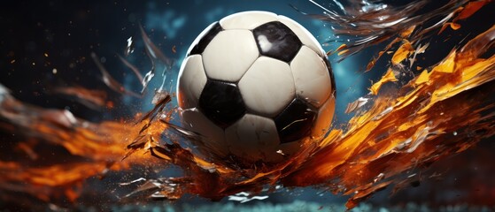 Fototapeta premium Soccer ball in a net on a bokeh background. 3d illustration. Soccer ball in goal net on blue background. 3d illustration. Goal. Soccer Football Concept with copy space. Sport concept with copy space.