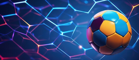 Soccer ball in a net on a bokeh background. 3d illustration. Soccer ball in goal net on blue background. 3d illustration. Goal. Soccer Football Concept with copy space. Sport concept with copy space.