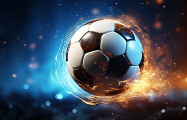 Soccer ball in a net on a bokeh background. 3d illustration. Soccer ball in goal net on blue background. 3d illustration. Goal. Soccer Football Concept with copy space. Sport concept with copy space.