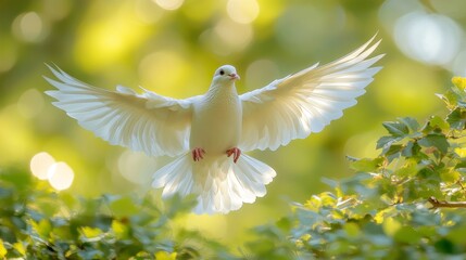 A pure white dove glides effortlessly through a sunlit garden, embodying peace and hope within nature's tender embrace