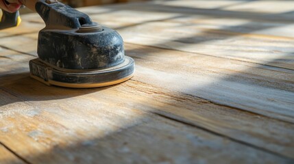 Carpenter sanding wood for a custom table. Featuring attention to detail and craftsmanship