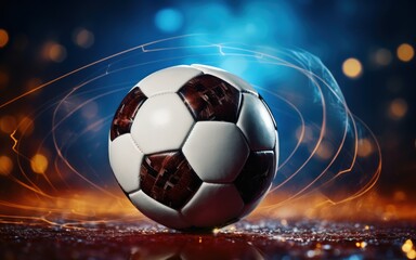 Fototapeta premium Soccer ball in a net on a bokeh background. 3d illustration. Soccer ball in goal net on blue background. 3d illustration. Goal. Soccer Football Concept with copy space. Sport concept with copy space.