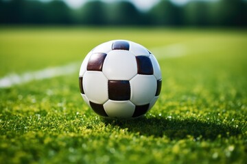 Obraz premium Soccer ball on the green grass of the football field. Football background. 3d illustration. Goal. Soccer Football Concept with copy space. Sport concept with copy space.