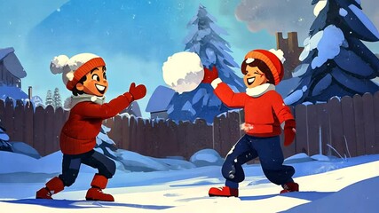 Children Having a Winter Snowball Fight Outdoors in a Snowy Scene Illustration