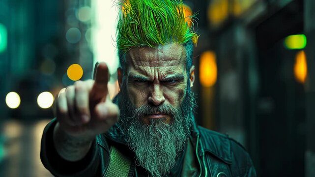 Angry man with green hair gestures aggressively while standing in a busy urban alley at dusk
