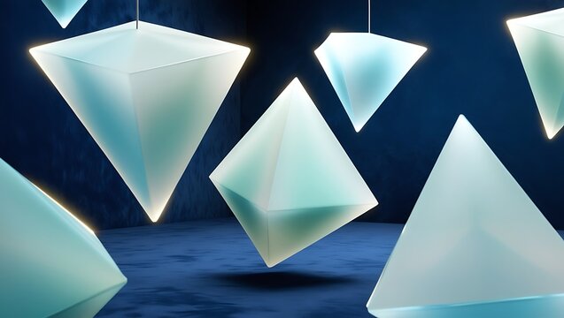 Translucent 3D pyramids in pale blue and mint green float isometrically against a velvety navy backdrop, glowing softly with ethereal, radiant edges.