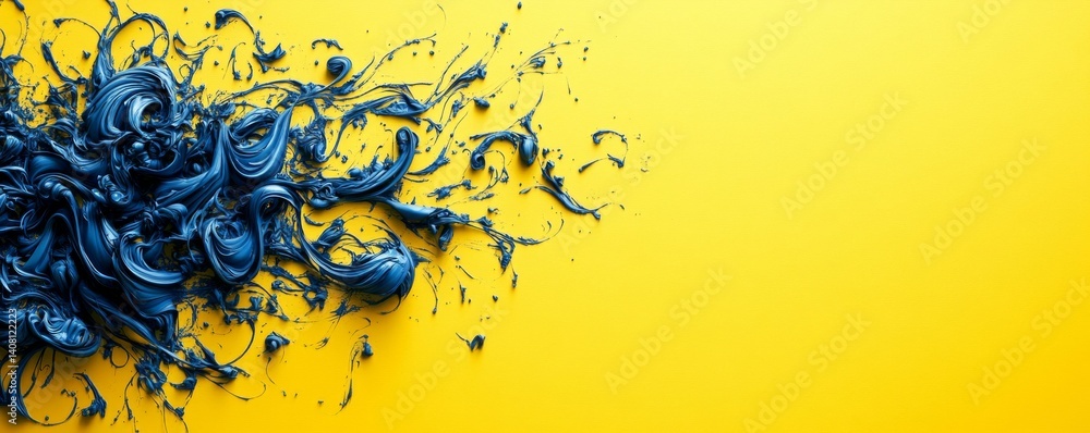 Poster yellow background serves as the base for an abstract circular design that incorporates swirling blue