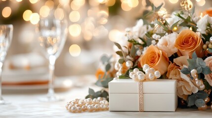 A sophisticated gift box beautifully arranged with pearls and rosy floral accents, creating a soft, romantic vibe suitable for weddings or special moments to cherish.
