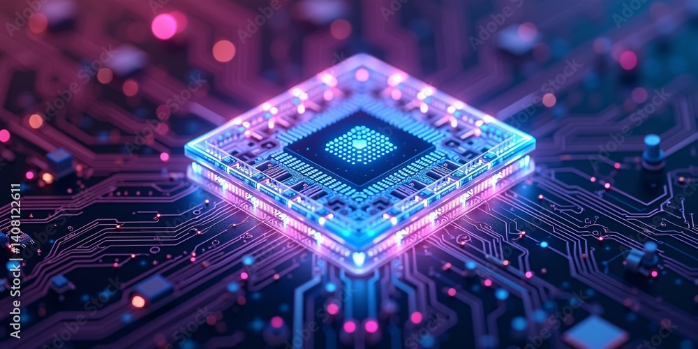 Fototapete futuristic cpu close-up with glowing core, powerful next gen cpu with glowing central core and data 