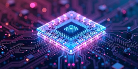 Futuristic CPU Close-Up with Glowing Core, Powerful next gen CPU with glowing central core and data transfers