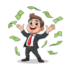 Cartoon Businessman Throwing Money in the Air. Vector Illustration of Financial Success