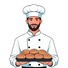 Smiling Male Baker Holding Tray of Fresh Bread Buns. Vector Illustration