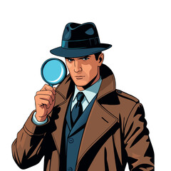Detective bring a magnifying glass cartoon character. Vector Illustration