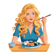 Happy young blond woman eating sushi with chopsticks. Millennial female enjoy traditional Japanese food. Vector illustration isolated on white background