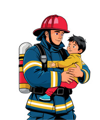  Firefighters saving boy from the fire. Saving lives. Firemen wearing uniform extinguishing the fire flame.