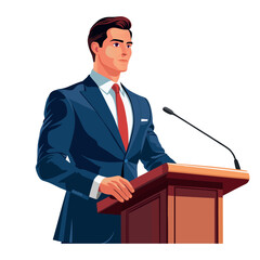  Vector illustration of the speaker from the podium. Cartoon scene with a speaker giving a speech from a lectern with microphones in front of an audience isolated on a white background.