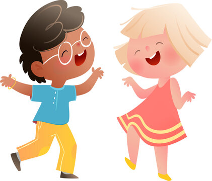 Naklejki Kids Boy and Girl Dancing and Having Fun Together. Playful children cartoon, lively funny little girl and boy character design. Vector little child illustration clip art for kids.