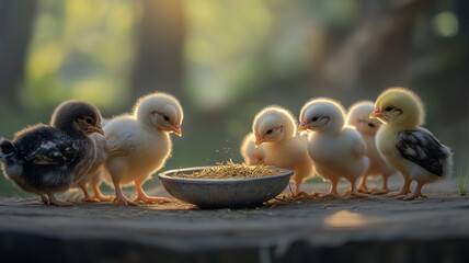 Adorable baby chicks gathered around a small dish of feed in a rustic barnyard with soft natural lighting