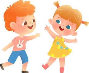 Kids Boy and Girl Dancing and Having Fun Together. Playful children cartoon, lively funny little girl and boy dance at children party or festival. Vector illustration clip art for kindergarten kids.