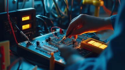 Electrician testing voltage with a digital multimeter on a control panel. Featuring technical skill and safety