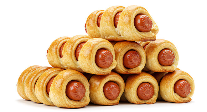 Pigs in a blanket stacked on top of each other with visible flaky pastry, isolated on white. - Powered by Adobe