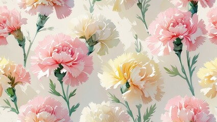 Seamless pattern illustration of carnations painted in watercolor