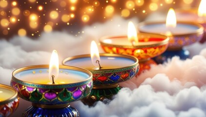 Colorful traditional oil lamps with the sparkling background