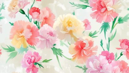 Seamless pattern illustration of carnations painted in watercolor