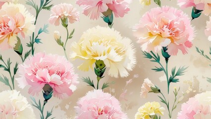 Seamless pattern illustration of carnations painted in watercolor