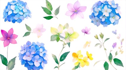 Illustration of hydrangeas and wildflowers painted in watercolor