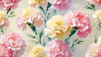 Seamless pattern illustration of carnations painted in watercolor