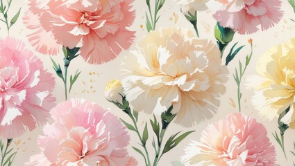 Seamless pattern illustration of carnations painted in watercolor