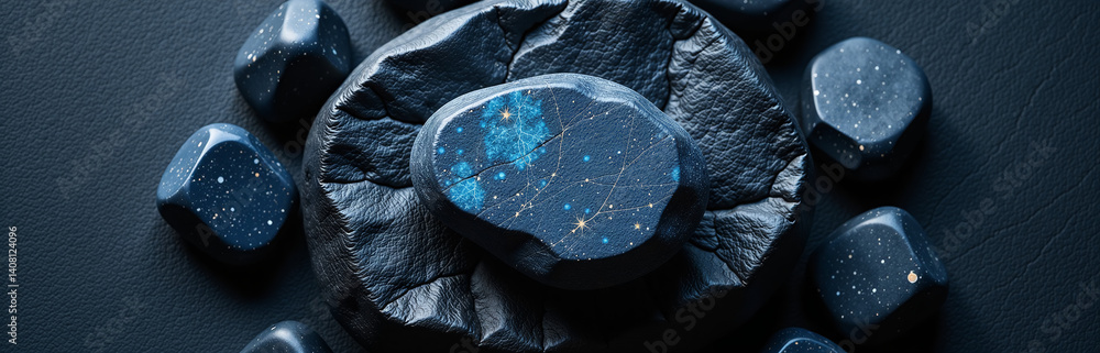 Poster a dark blue stone texture sits atop a black rock background with an abstract blue stone design surro